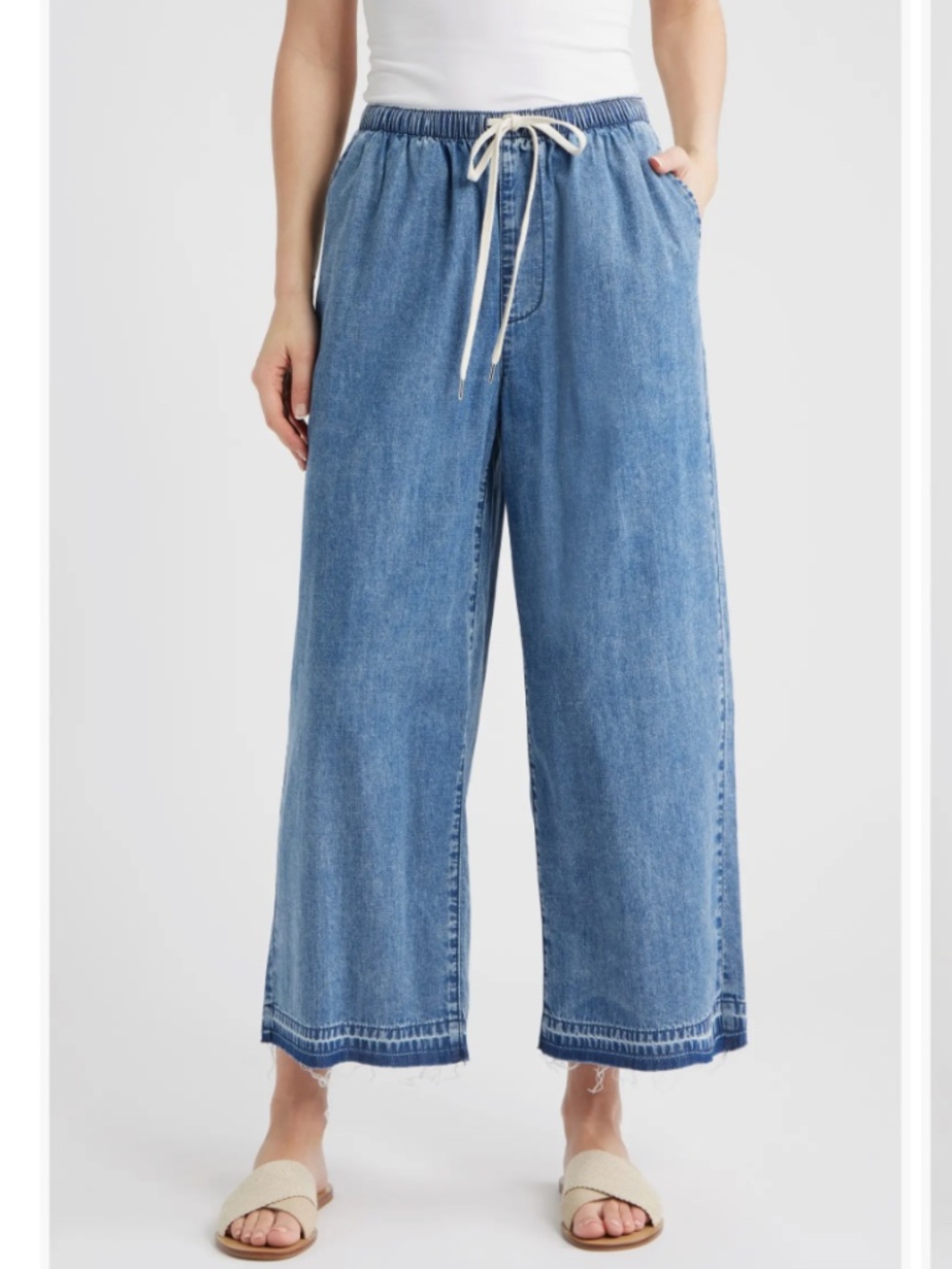 CITY BLUES Drawstring Raw Hem Wide Leg Pants